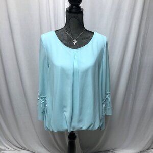 AGB Blouse Womens Medium Light Blue Lined Long Sleeve Fringed Flare Sleeves Top